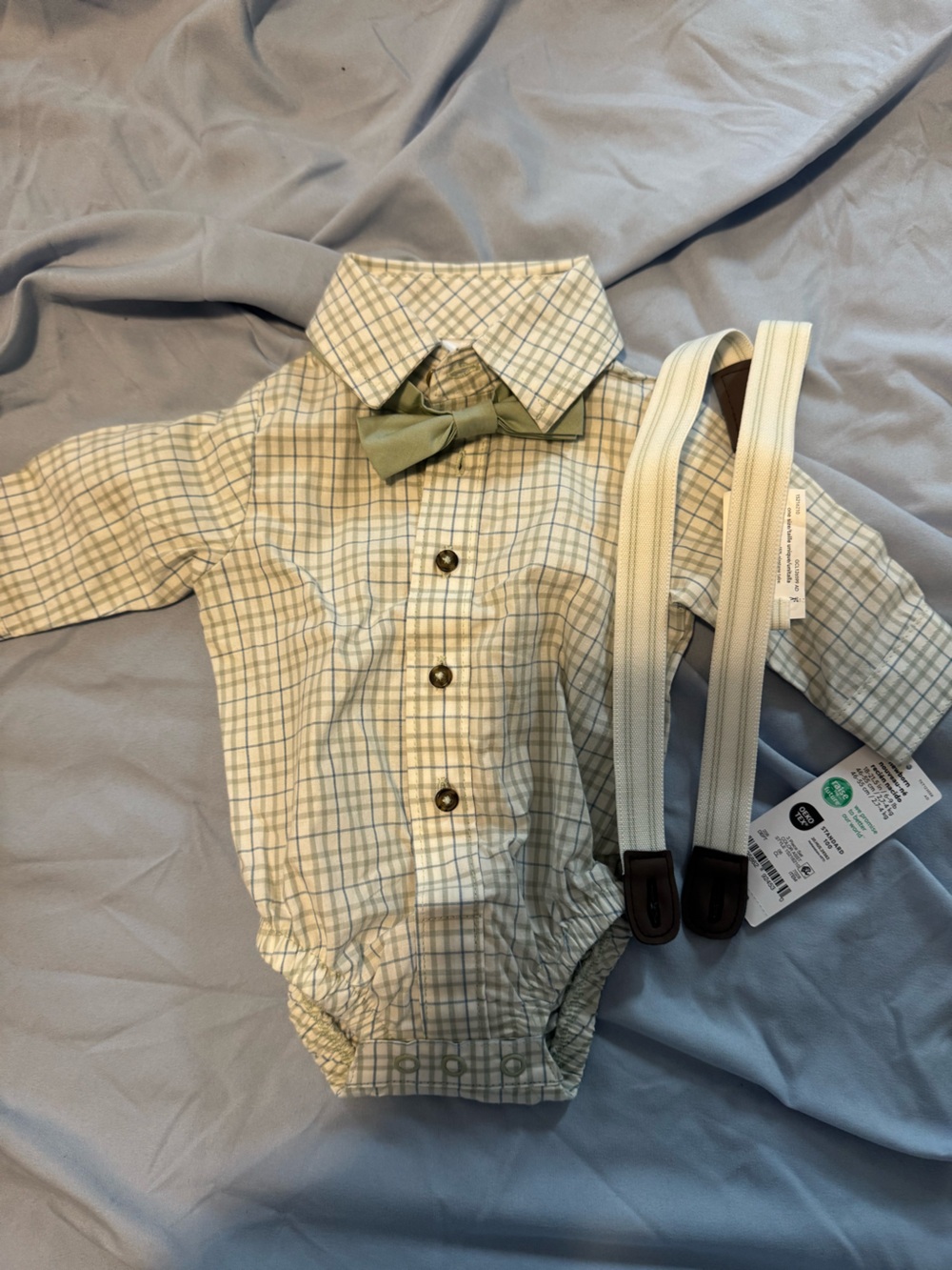 Carter's Cream and Green Plaid Button-Front Bodysuit with Green Bow Tie